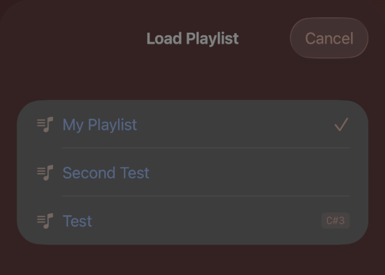 Load Playlist screen with MIDI badges and checkmark