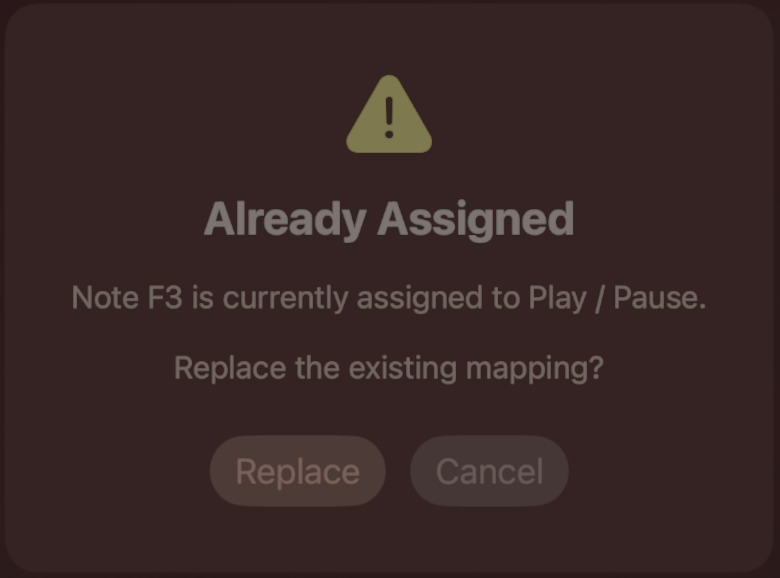 MIDI conflict dialog showing Replace and Cancel options