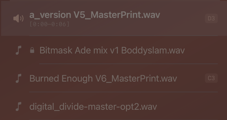 Playlist rows showing track names, region labels, and MIDI badges
