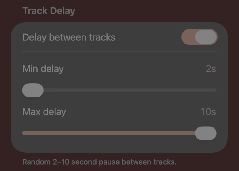 Track Delay settings with toggle and min/max sliders