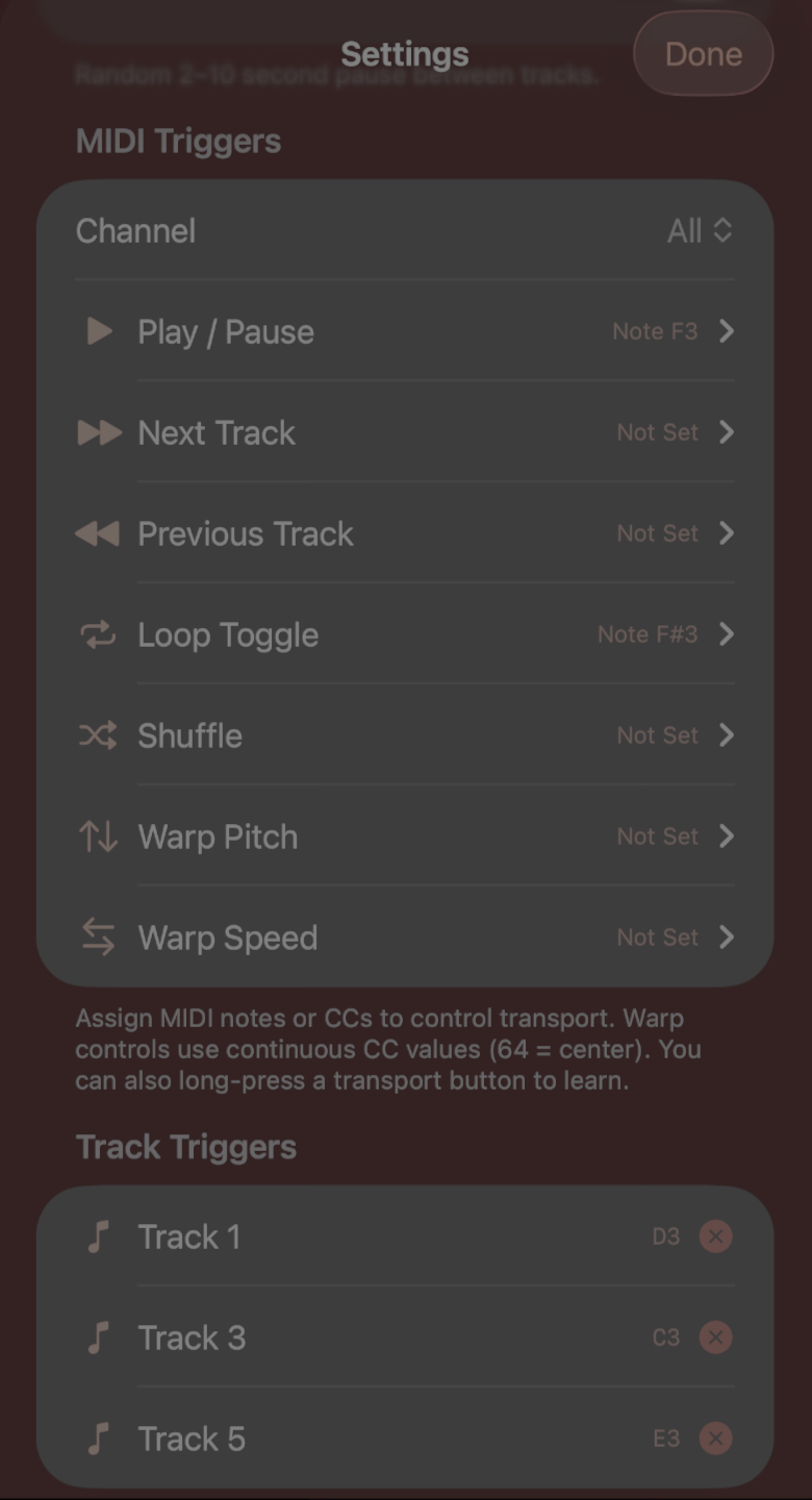 Settings screen showing MIDI Triggers, Track Triggers, and Playlist Triggers sections