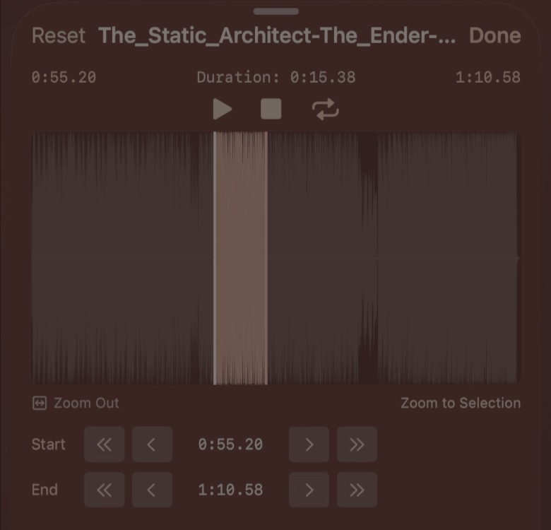 Waveform Trim Editor showing selection, playhead, and controls